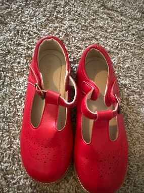 Girls Red T-Strap Dress Shoes with Buckle Closure